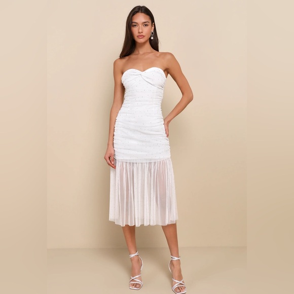 Lulus Sparkling Babe White Mesh Rhinestone Ruched Strapless Midi Dress - Picture 1 of 8